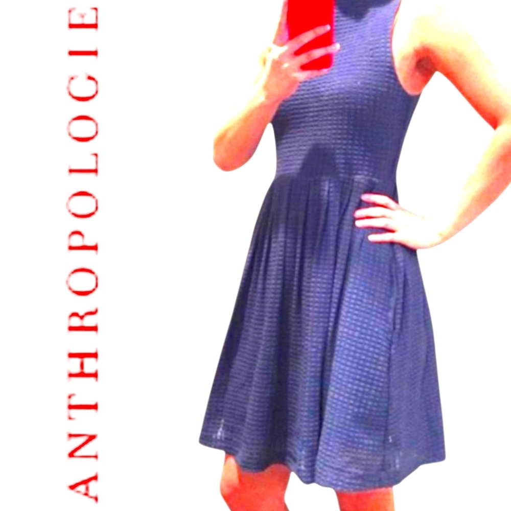 Anthropologie Deletta Cosgrove Fit & Flare Textured Minidress Blue High Neck SM